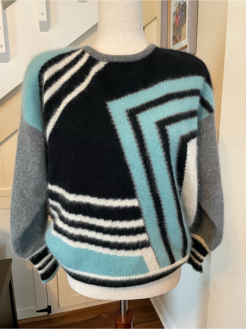 Vintage 80s Richard & Co Geometric Angora Sweater Fuzzy Abstract Slouchy L/XL